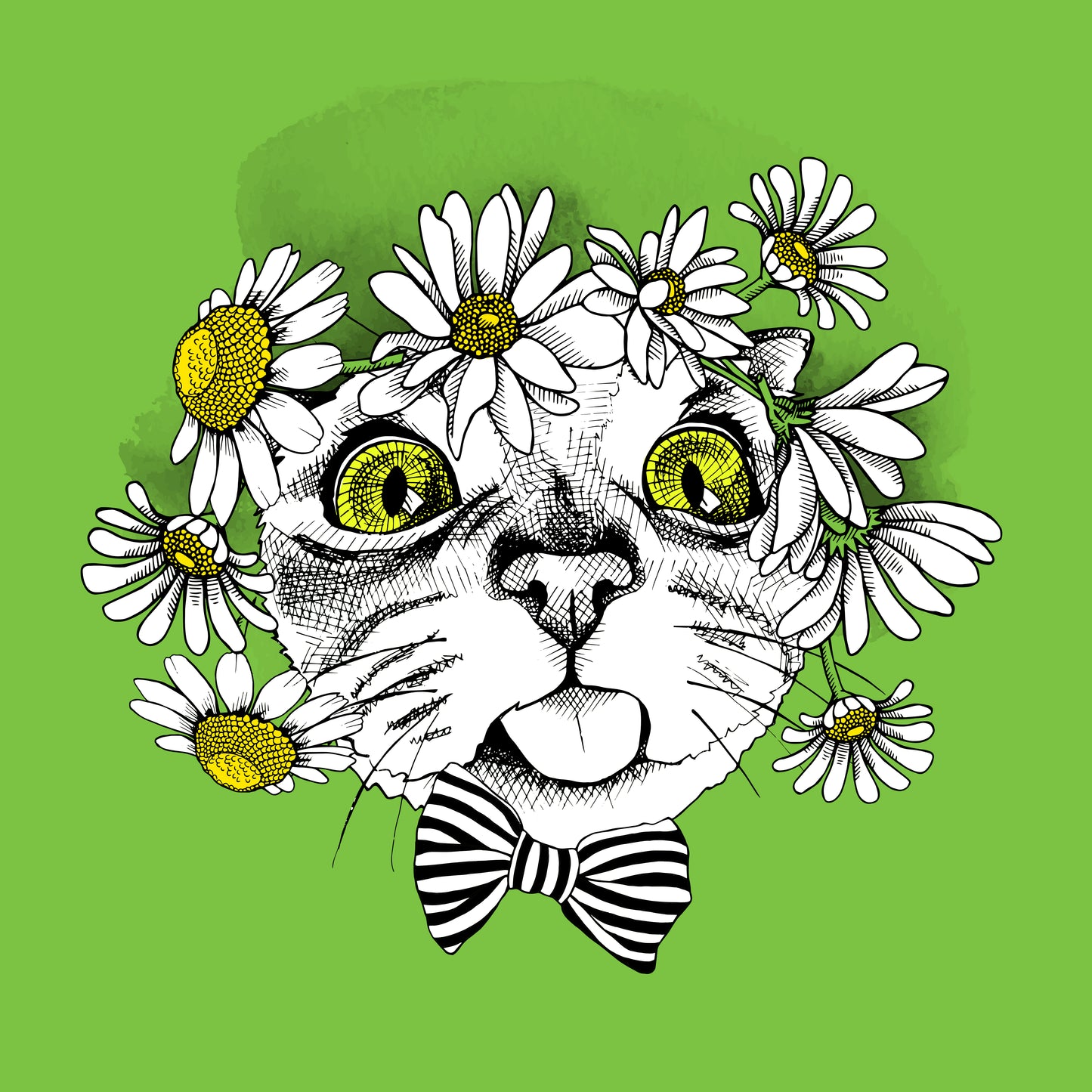 Playful Cat With Daisies (Black)