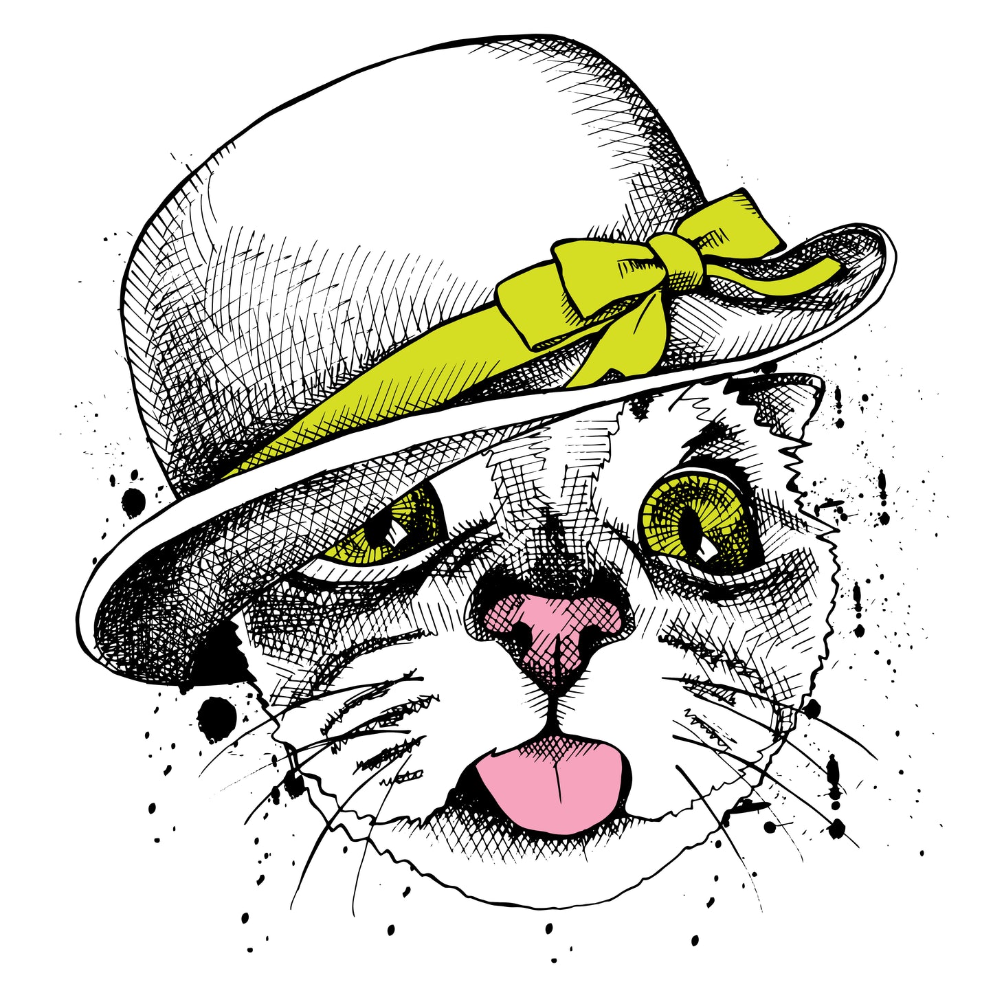 Stylish Cat With Hat T-shirt (White)