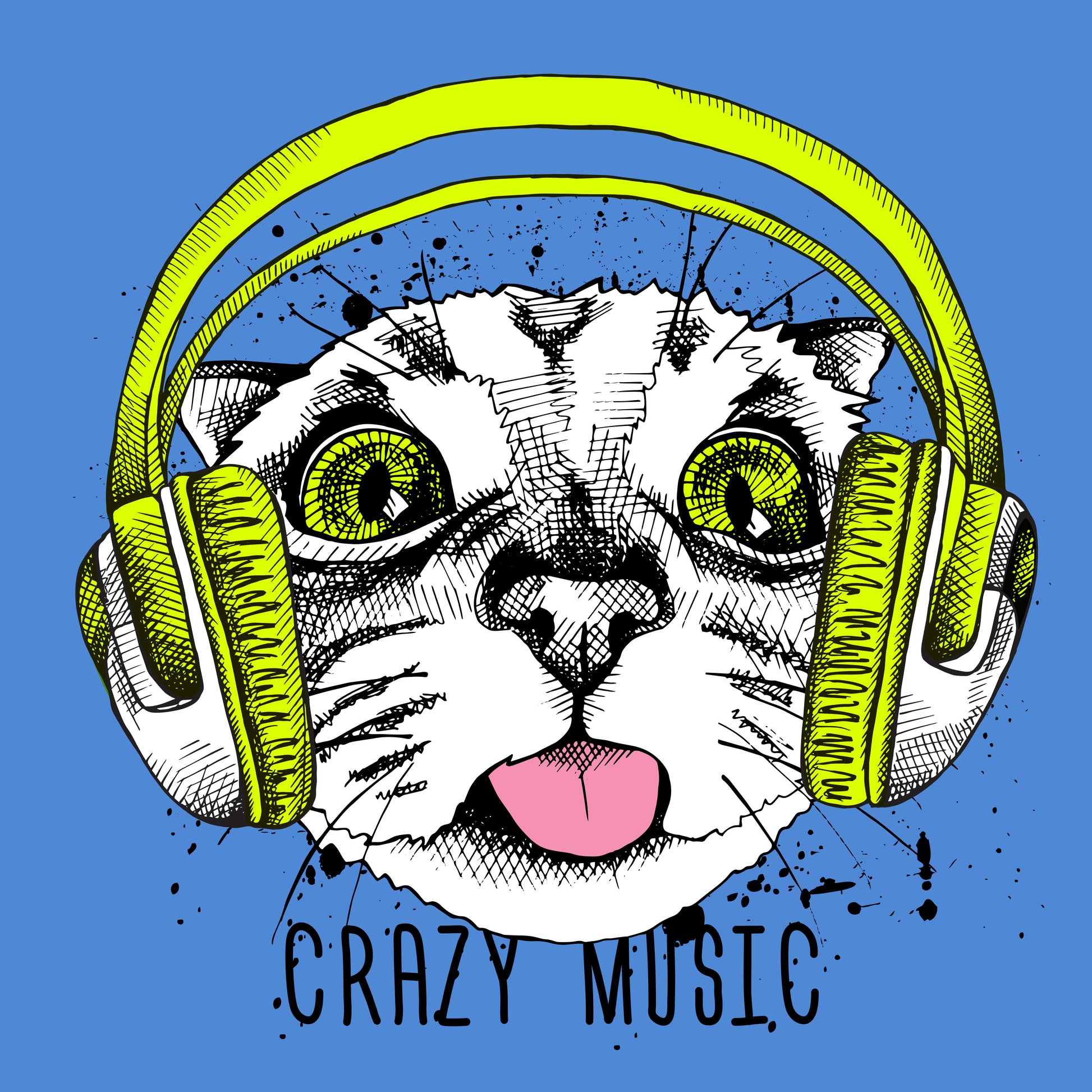 Playful Cat With Headphones (Black)