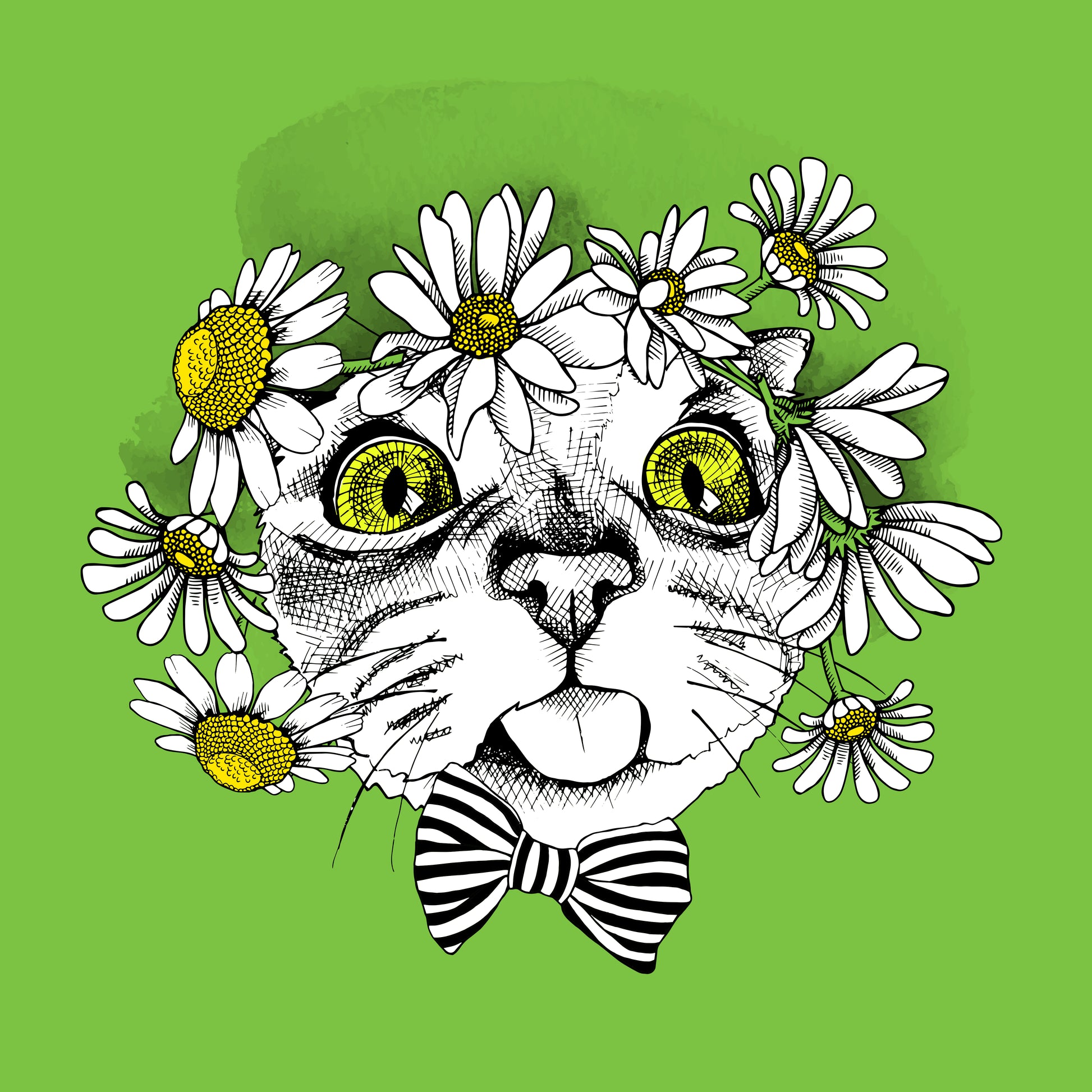 Playful Cat With Daisies (Black)