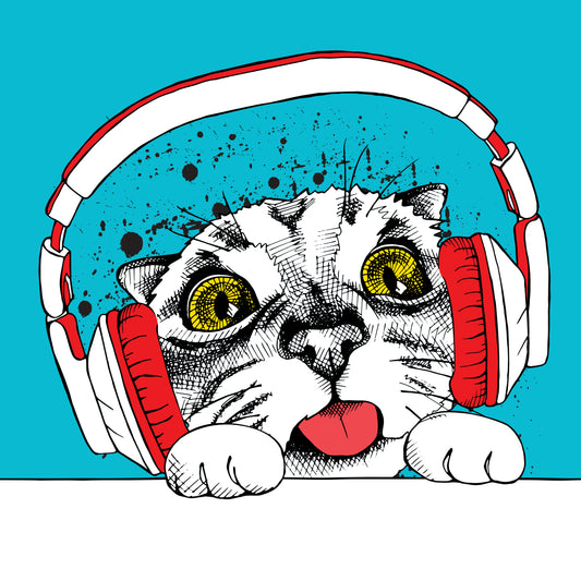 Playful Cat With Headphones (Black)