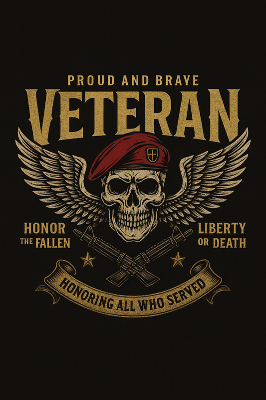 Veteran Proud And Brave Winged Skull Beret Tee (Black)