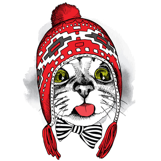 Playful Cat In Winter Hat (White)