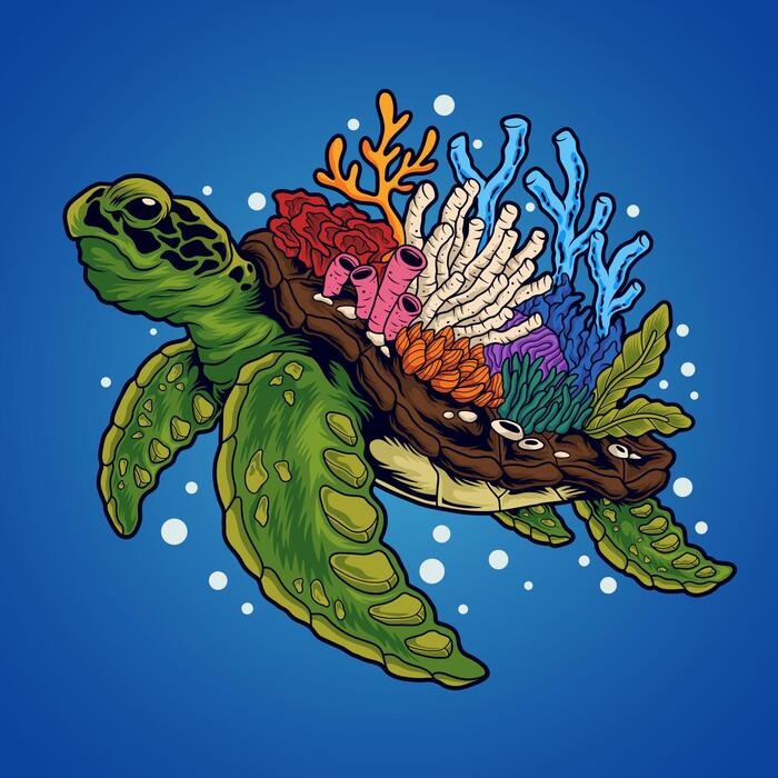 Colorful Turtle With Coral Design (White)