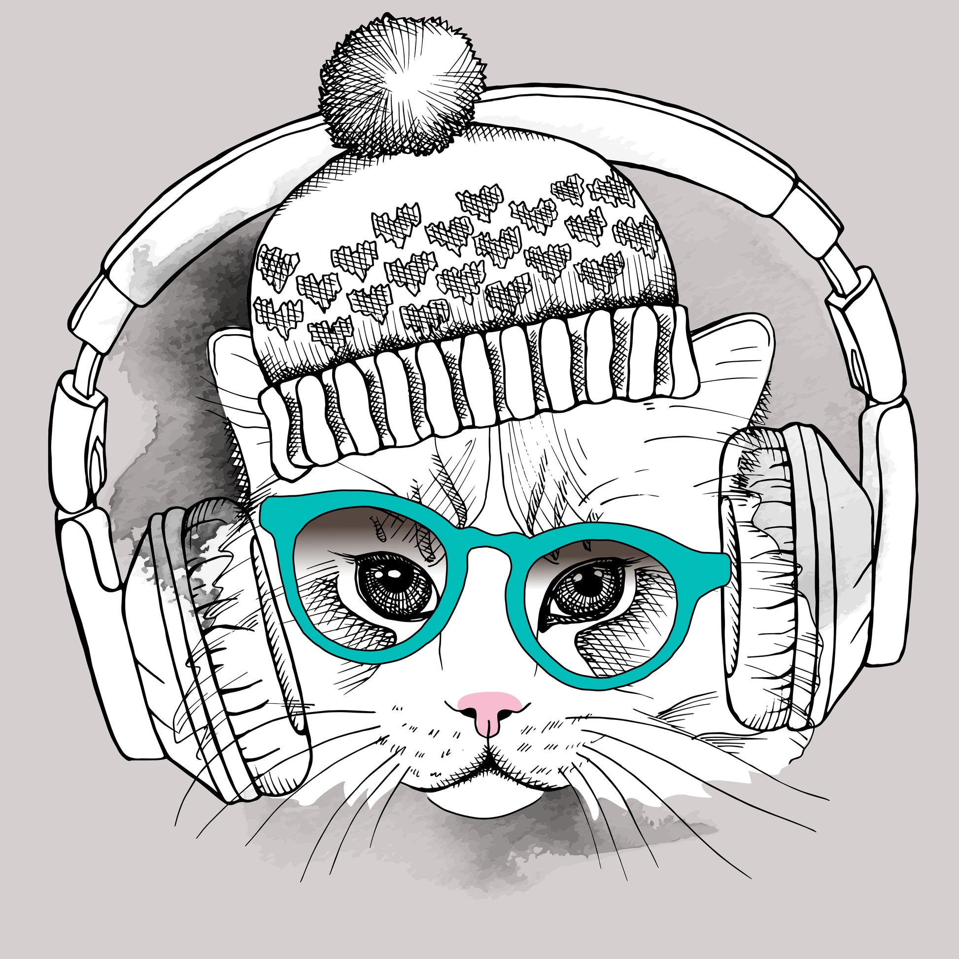 Cool Cat In Headphones (Black)